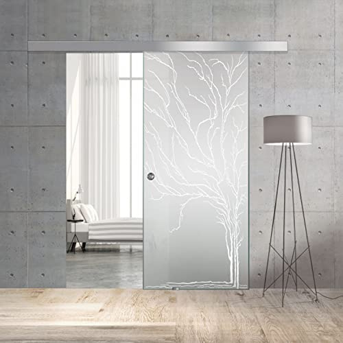 BOSS Puerta corredera del vidrio modelo TREE 80x215 cm (60/80/90 cm) Vidrio Satinado de 8 mm, patron arenado nanotratamiento Blanco, kit completo de herrajes (80x215 cm, DERECHA)