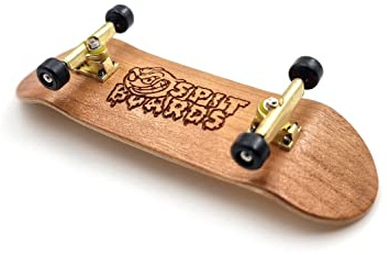 SPITBOARDS® 32 mm Fingerboard Complete Real Wood Set-Up (Pre-Assembled, 5-Layers), Trucks with Lock Nuts, Bearing Wheels, Foam Grip Tape, (Deck: Light-Brown Wood, Trucks: Gold, Wheels: Black)
