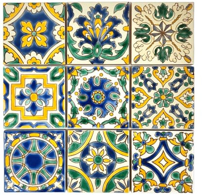 Set mit 9 dekorativen Keramikfliesen - handbemalt für drinnen und draußen - spanische handwerkliche Küche - mediterrane dekorative Fliesen 10,2 x 10,2 cm/eine Fliese - langlebig bunt - je 140 g