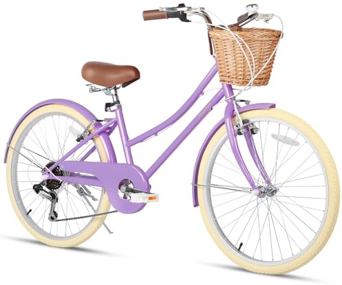 Glerc 24 Inch Girls Cruiser Bike 6-Speed Cruiser Women's Hybird Bicycle for Ages 7 8 9 10 11 Years Old with Wicker Basket. Lightweight Frame and Fork, Purple