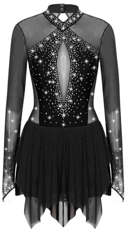 ranrann Femme Justaucorps Robe Patinage Artistique Gymnastique Danse Tenue Strass Manche Longue Spectacle Compétition S-XXL A Noir S