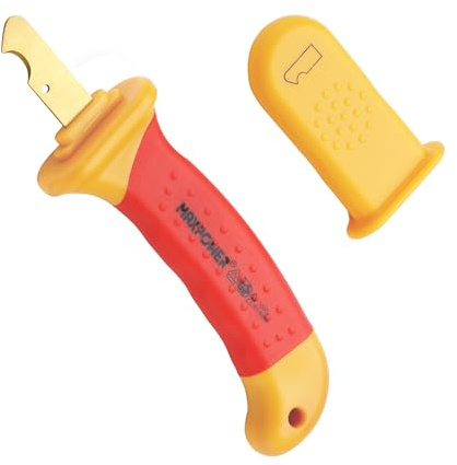 MAXPOWER Pince à Dénuder Électricien VDE 1000V – Couteau à Dégainer Isolé avec Lame à Crochet, Revêtement Titane, Profondeur 28mm – Denudeur Câble Électrique Professionnel