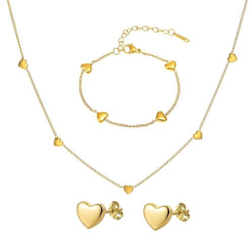 APMGONT Gold Herz-Anhänger-Schmuckset - Halskette, Armband und Ohrstecker für Damen