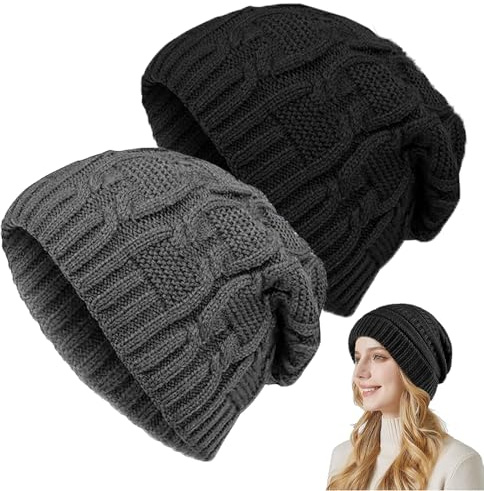 KFSCIP 2 Pcs Beanie Hats, Womens Slouchy Soft Stretch Bobble Ski Cap, Black Winter Hats
