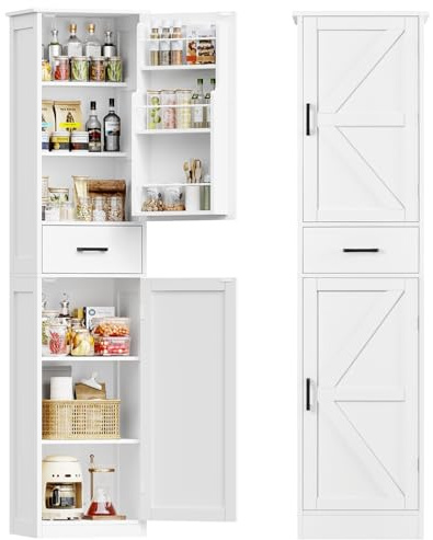 TEENFON Tall Storage Cabinet with 3 Door Shelves & 1 Drawer, Narrow Kitchen Pantry Cabinet for Living Room, Bathroom, Entryway, White