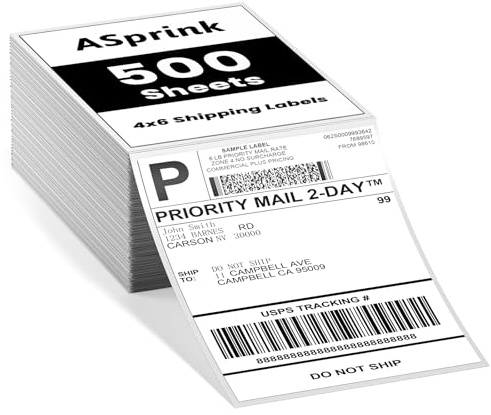ASprink Thermal Shipping Barcode Labels - 4x6 Inch - Pack of 500 - Direct Thermal Fanfold Shipping White Square Labels for Barcode Printer - Sticky Stickers