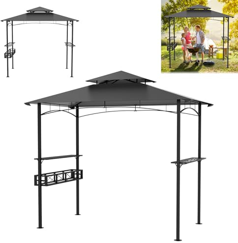 Froadp 245 x 153 x 250 cm grillpaviljong för trädgården, metallram med polyestertak – paviljong för grillfester, baldakin med förvaringskorg, skydd mot väderpåverkan