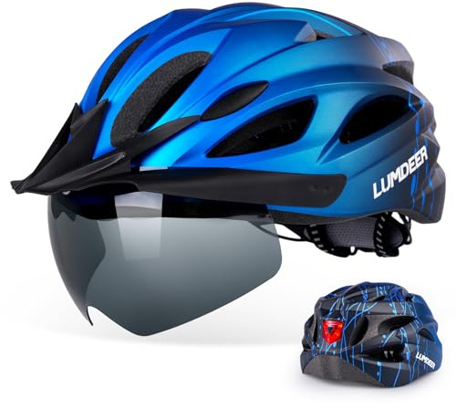 LUMDEER Fahrradhelm Erwachsene mit Licht - City Helm Urban für Herren und Damen - Fahrradhelm Blau mit Abnehmbarer Magnetische Schutzbrille Visier Bicycle Radhelm mit 18 Belüftungskanäle