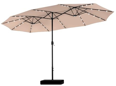 PHI VILLA 4.5x2.7m Garden Parasol Umbrella for Sun Protection with Base Included LED Lights and Crank Patio Outdoor Waterproof Umbrella,Beige