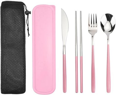 Set di 4 posate da viaggio con custodia, in acciaio inox, portatile, da viaggio, per il pranzo, riutilizzabili, con custodia e borsa, coltello, forchetta, cucchiaio, set di bacchette per