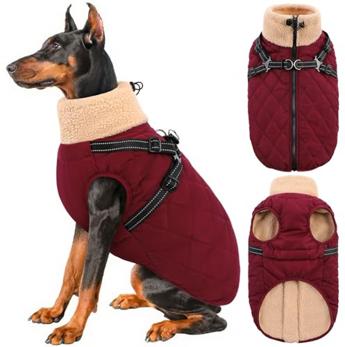 Queenmore Dog Coats for Large Dogs, Dog Jacket, Warm Fleece Winter DogCoat with Harness Built in, Back Zipper Pet Jacket for Large Breeds, Thick Fleece Lining Pet Snowsuit, Burgundy 2XL
