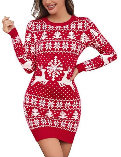 Litherday Vestido Navidad Mujer Largo Jersey Navideño con Copos de Nieve y Renos Suéter Navideño Original y Divertido para Fiesta Rojo S