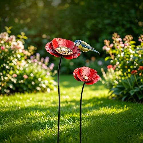 JACKANNA Gartendeko 2 Stück Gartenstecker Vogeltränke Winterfest Insektentränke Pflanzenstecker,Outdoor-Dekoration für Frühling und Sommer, langlebiges,Garten Deko Draußen(Rot)
