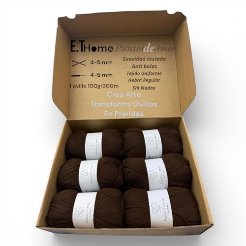 E.THOME 6 ovillo x 100g lana para tejer premium, hebra regular sin nudos ni bolas Lanas para crochet, dos agujas, diy, hilo grueso para crochet, Crea Arte. Transforma ovillos en prendas. (CHOCOLATE)