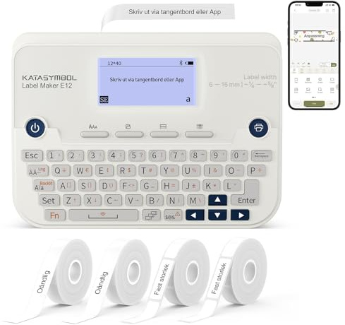 SUPVAN E12 Étiqueteuse Clavier & Bluetooth avec 4 Rubans, Blanc | Rechargeable, Écran LCD Rétroéclairé, Marges Réduites, App avec 30+ Polices & 660+ Icônes, Sans Encre, École, Bureau, Maison