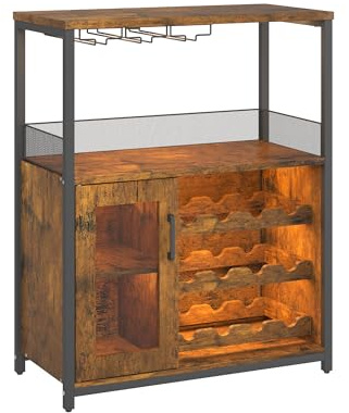 GarveeMore Gabinete para Vinos Industrial con Iluminación LED, Estante Ajustable y Soporte para Vasos, Armario De Bar 70x35x92 cm, Ideal para Cocina, Comedor, Salón Color Vintage