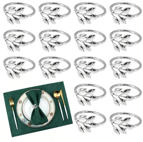 FORYNXHWIN 16 stycken servettringar silver, metall servettspännen, blad servetthållare, eleganta servettspännen, naporringar för Thanksgiving, bröllopsfest, familjemiddag, påskbord