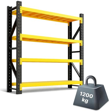ANFIL® Scaffalatura per carichi pesanti, portata totale 1200 kg, 300 kg per ripiano, scaffale in metallo stabile, 4 ripiani, scaffale per garage, cantina, magazzino, 60 cm di profondità (120 x 60 x