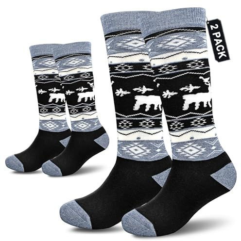 Socks Daze 2 Pack Kids Ski Socks Merino Wool Knee High Youth Boys Girls 6-8 Years Winter Soft Warm Over the Calf Socks for Skiing Snowboarding, Black, Small