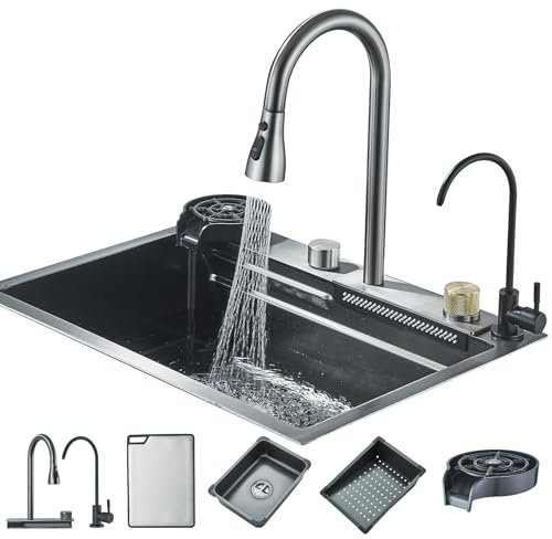 Hbronzeshower Fregadero de cocina, fregadero de acero inoxidable con mezclador extraíble, fregadero bajo encimera (60 x 45 cm) con lavadora de tazas, fregadero multifunción, fregadero cascada (gris