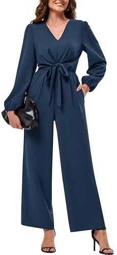 Women's Jumpsuits & Playsuits，Elegant Long Sleeve Jumpsuit Wide Leg Jumpsuits Wedding Guest Outfits One Piece Casual Jumpsuits Festival Outfit V Neck&High Waist Romper Travel Outfits With Pockets