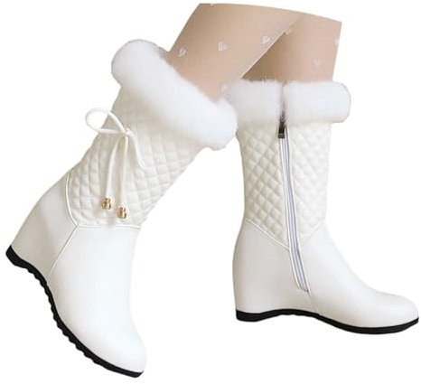 LDXEQIZ Winter Stiefeletten Damen Elegant Kurz Stiefel Mit Keilabsatz PU-Leder Ankle Boots Für Party Plüsch Gefüttert Schneestiefel Warm Baumwollschuhe Für Outdoor(White,40 EU)