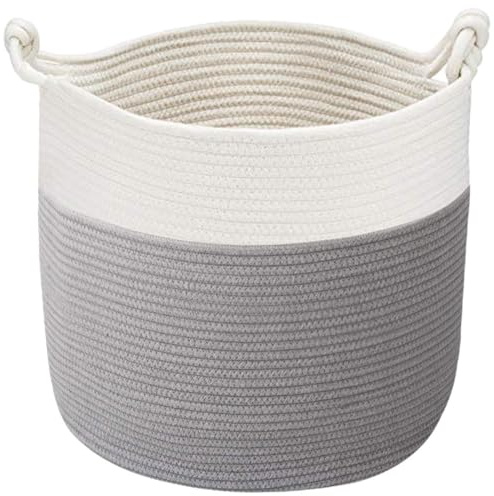 TIMEYARD Small Cotton Rope Laundry Basket Storage Basket Grey | 38x36cm Small Woven Blanket Basket for Clothes, Toys. Decorative Storage for Bedroom and Living Room