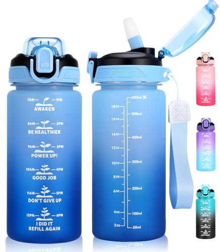 SUPPRUI Kids Water Bottle With Straw, 600ml Children Drinks for School, Leakproof BPA-Free Tritan Motivational Drink Bottles for Girls Boys(Blue)