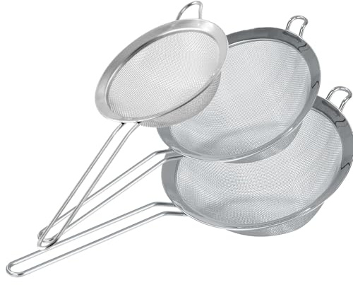 Fackelmann Set 3 Colini in acciaio inox, Colino da cucina a rete fine per farina, zucchero a velo, riso, tè, setaccio per pasta, mini scolapasta per frutta e verdura, 10, 15, 19 cm