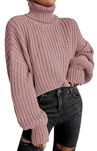 Cable Knit Jumper Women Oversized Polo Neck Knitted Jumper Autumn Winter Pullover Turtleneck Sweaters Chunky Knit Thermal Sweaters Dressy Casual Roll Neck Knitwear,Za-Pink,L