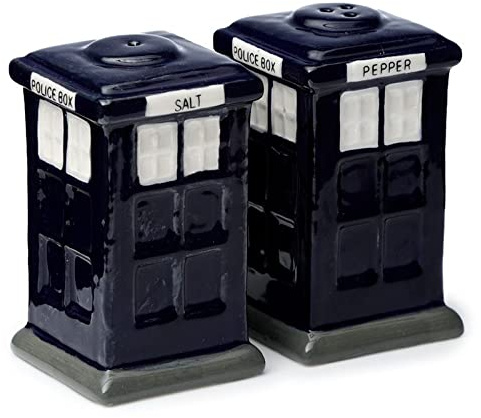 TENLITE Police Box Salt & Pepper Shaker Set – Blue Ceramic London British Icon Kitchen Tableware, Novelty Gift for Doctor Who Fans & Collectors.