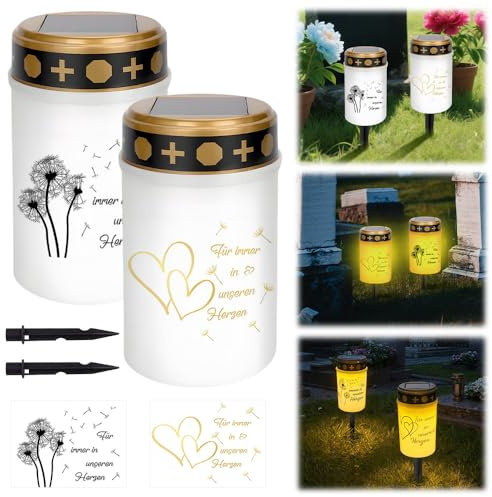 SKJJM 2 Pezzi Lumino Cimitero Solare, Lampada Tombale a Energia Solare con Picchetto e Cuore Adesivi, Luce Funeraria, Lumino Cimitero Impermeabile, Candele a LED Tremolanti per Sempre nei Nostri Cuori