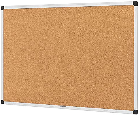 Amazon Basics Notizbrett aus Kork, Rechteckig Aluminumrahmen, 90 x 60 cm, silber