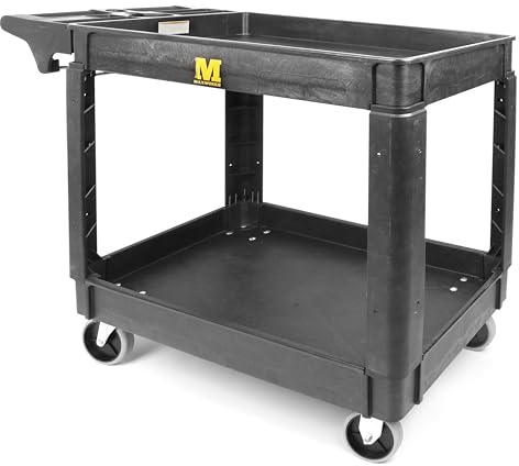 MaxWorks Heavy Duty 2‑Shelf Service Cart 500 lb Capacity Polypropylene Utility Cart with 5 Non‑Marring Casters Deep Trays and Built‑In Tool Storage for Garage Warehouse Workshop (80855)