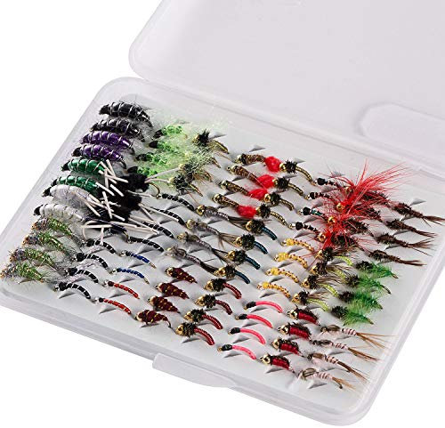 Bassdash Fliegenfischen Fliegen Set Forellenbarschangeln mit Fliegenbox, 36/64/72/76/80 / 96Stk. Mit Trockenfliegen/Nassfliegen, Nymphen, Streamers, Popper