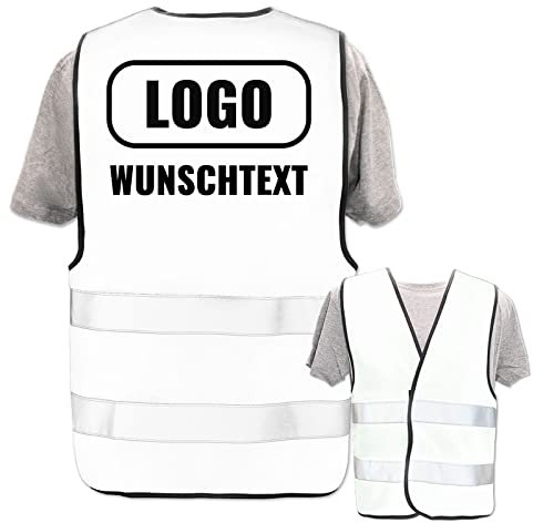 Warnweste bedruckt mit Ihrem Namen Text Bild Logo * Farbe + Größe: Weiß (XL/XXL) * Druckposition: Rücken + Brust * echte Reflex-Leuchtstreifen * personalisiertes Design selbst gestalten