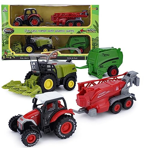 VBACALA Traktor Spielzeug Set ab 3 Jahre,Trecker mit Anhänger&Mähdrescher,Bauernhof Fahrzeuge Kinder Metall Autos mit Rückziehfunktion, Spielzeug Geschenk für Jungen & Mädchen (Rot Grün)