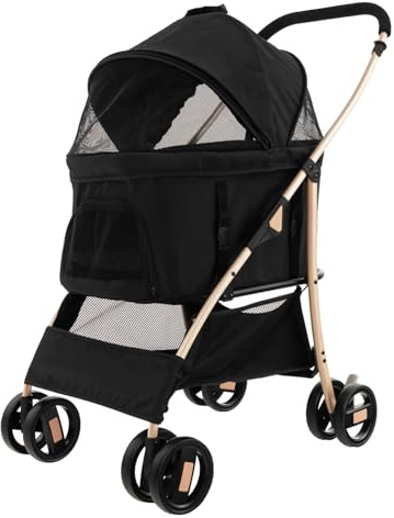 Maxmass Pet Stroller, Folding Dogs Travel Carrier with Wheels, Brake, 4-Level Adjustable Canopy & Storage Basket, Pet Travel Carriage for Small & Medium Sized Dogs Cats (Black+Gold)