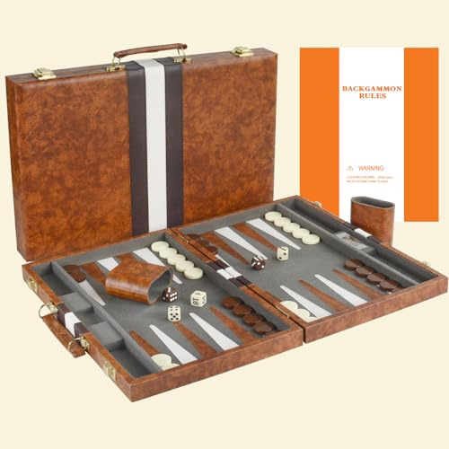 Sun Flair Backgammon Set - 11 Inch Backgammon Sets for Adults, Folding Classic Board Game with Premium Leather Case, Best Strategy and Tip Guide Enclosed (Brown, Small)