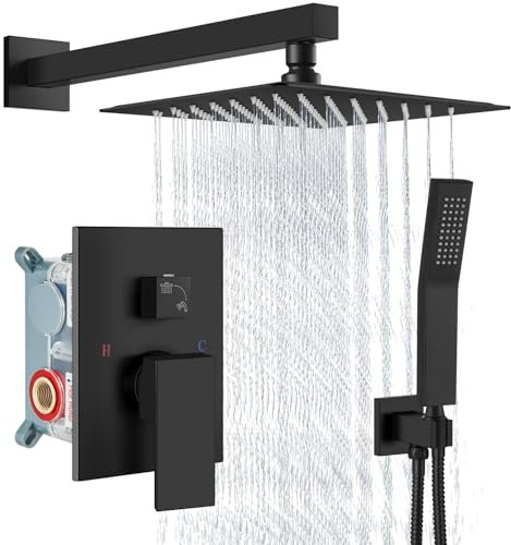 Aolemi Shower Faucet Set Rain Shower System with Handheld Spray Bathroom Shower Combo Rough-in Valve and Shower Trim Kit Included Matte Black 8 Inch Wall Mount Shower Head