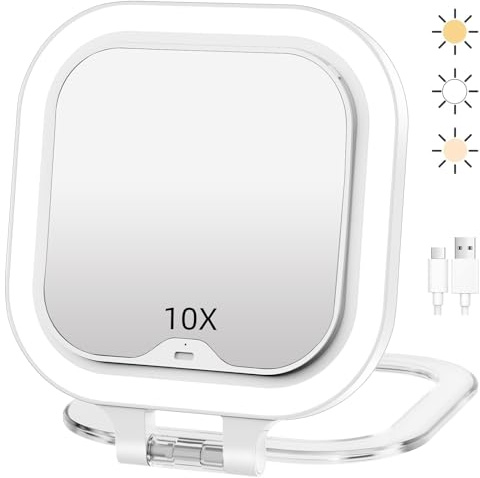 Kosmetikspiegel mit Beleuchtung, Wiederaufladbarer Reisespiegel mit Licht, 10-fache/1-fach Doppelseitige Tischspiegel,3 Farblichter, DimmbarerSchminkspiegel, Tragbarer Vergrößerungsspiegel mit Licht
