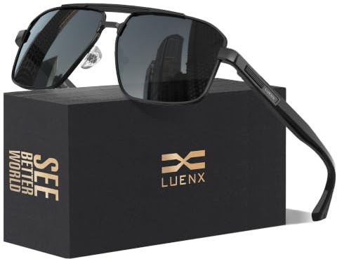 LUENX Sunglasses-for-Men-Polarized-UV400-Protection,Square Polygon Shades Driving Ultralight Sun Glasses 60mm Black Lens Black Metal Frame Glossy Temple