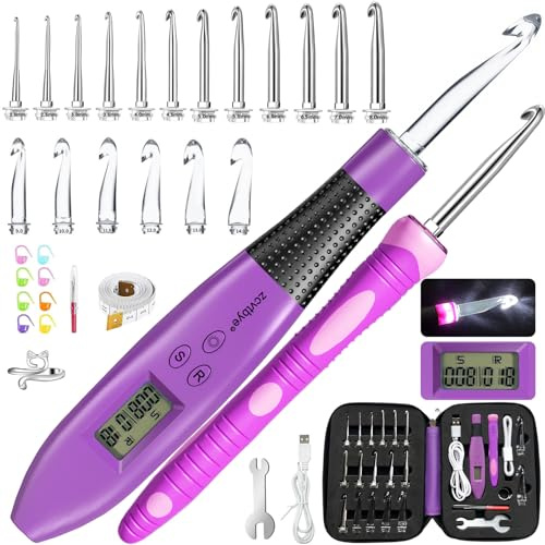Set di ferri da uncinetto 18 in 1 con luce a LED e contatore, 18 teste a gancio intercambiabili (2,0 – 14,0 mm), inclusi pennarelli per punti, ago per filo, righello, ditale e chiave inglese