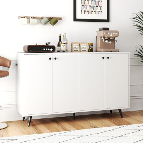 COSTWAY Buffet Bas 4 Portes, Buffet Salon Scandinave avec Étagères Réglables en 5 Positions, Meuble Rangement Bas, 5 Pieds Robustes, Commode 127 cm pour Salon, Salle à Manger (Blanc)