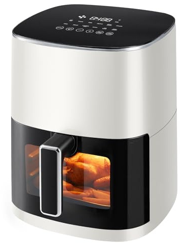 Sweetcrispy Heißluftfritteuse Airfryer 6L mit Sichtfenster, 12-in-1 Funktionen & Touchscreen Air Fryer, Gesundes Fettfrei Kochen, Antihaftkorb, Spülmaschinenfeste Körbe, Für 3-6 Personen, Beige