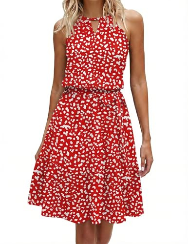 Zeagoo Vestido de Verano para Mujer Sin Mangas Cuello en V Vestidos Elegante Vestido de Fiesta Largo hasta La Rodilla Cuello Halter Vestidos de Playa Flores Rojas XL