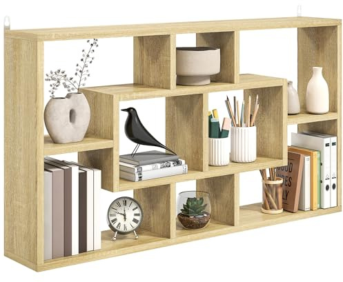 HOMCOM Estante de Pared Decorativo, Estantería para Libro, CDs, Baldas Flotantes con 8 Cubos, 85x14,5x47,5 cm, Carga 20kg, para Oficina, Estudio, Salón, Roble