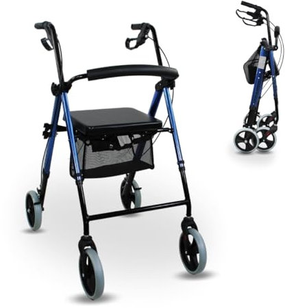 Mobiclinic, Rollator, Hércules, Europäische marke, Gehwagen für senioren, Faltbar und leicht, Aluminium, Höhenverstellbar, Stoffkorb, Laufhilfe mit gepolsterter sitz, Blau