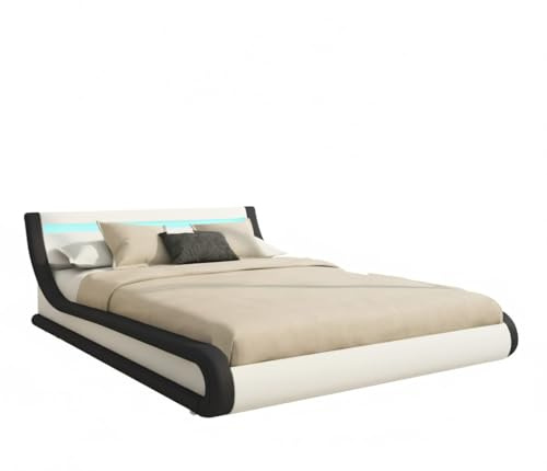 MB Muebles Bonitos | Cama de Matrimonio Parisina para Colchón de 150x190 cm | Luz LED | Canapé Abatible | Somier de Láminas | Estructura de Madera tapizada en Polipiel | Color Blanco y Negro