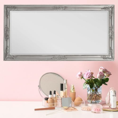LEBENSwohnART Exklusiver Wandspiegel BESSA Silber antik 120x60cm barock Design Spiegel pompös Holzrahmen